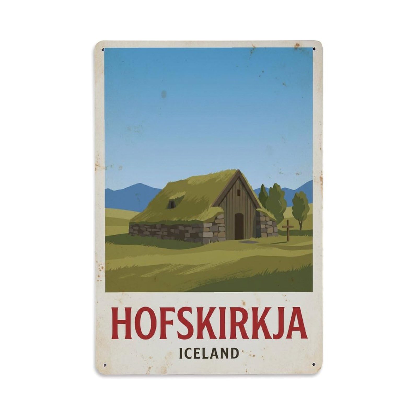 Vintage Travel Hofskirkja Iceland Grass Metal Tin Sign Plaque Wall Decor for Cafe, Club Bar, Office, Home Garden Metal Poster 8x12Inch