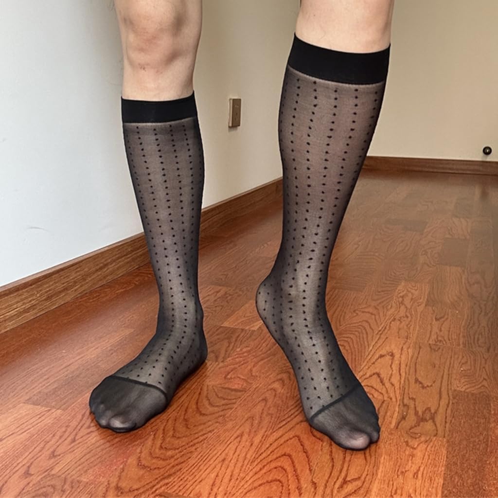 Super Thin Transparent Men's Sheer Socks Dot Patterned Long Tube Stockings for Formal Event with Breathable Nylon