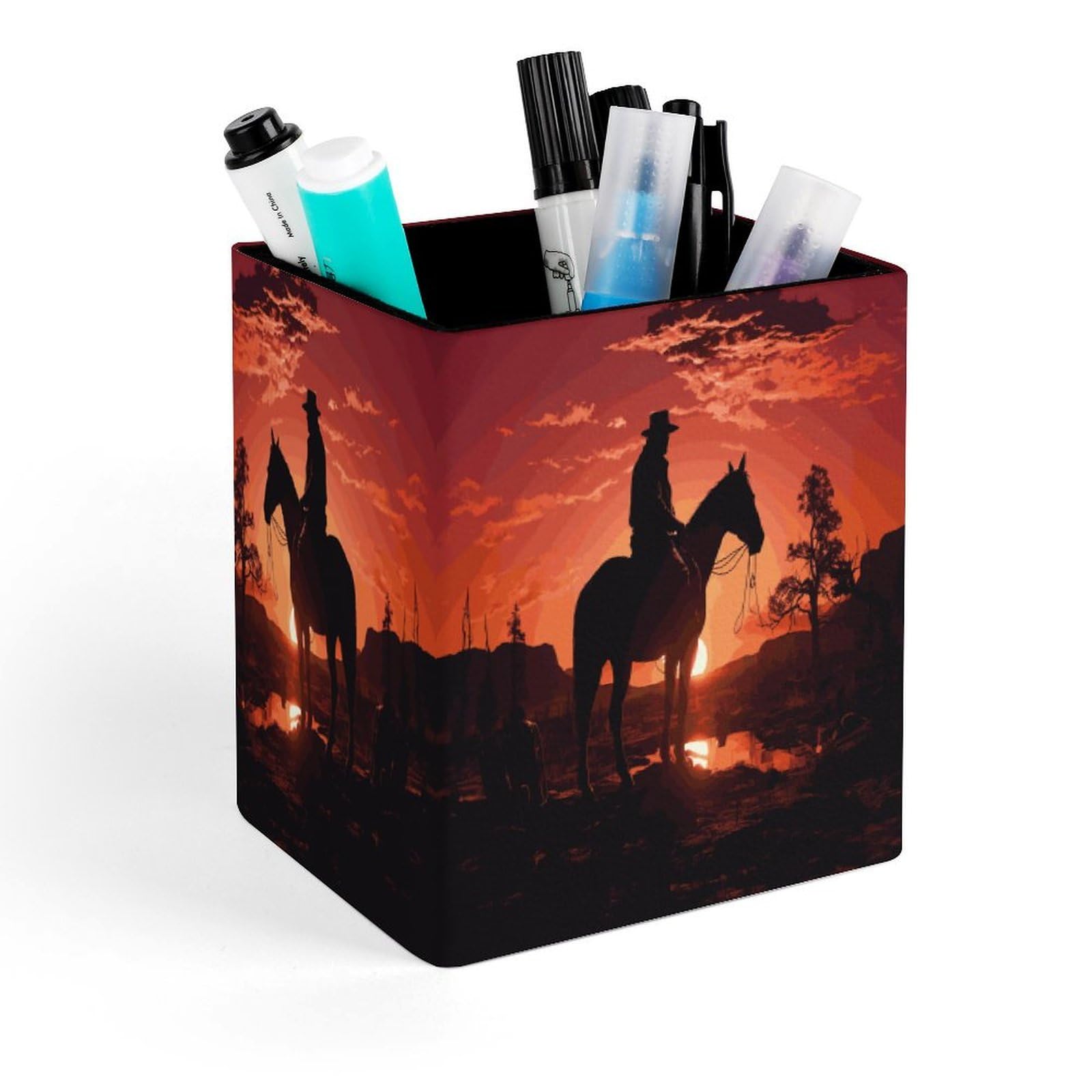 FekiLoot Cowboy West Pencil Holder for Desk Square Leather Pen Holder Cup Desktop Organizer Multi-Functional Pencil Cup Holders Modern Decorative Desk Organizer Caddy Makeup Brush Holders