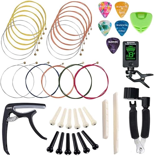 SUNYIN Kit de repuesto de cuerdas de guitarra kit de herramientas de reparación de cuerdas de guitarra acústica cejilla de guitarra bobina de cuerda