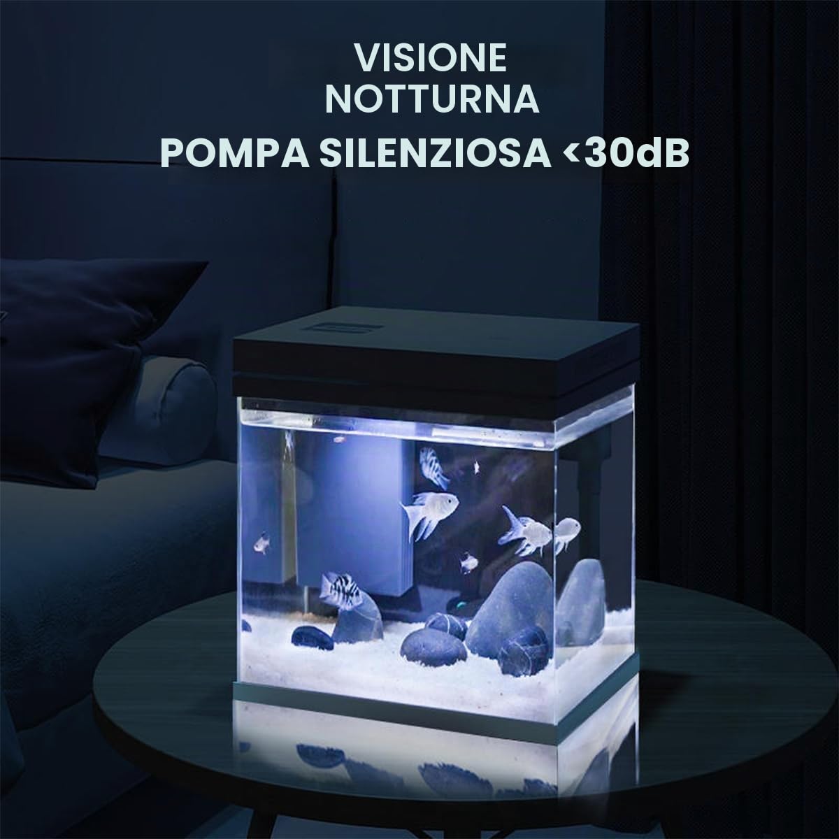Serbatoio per pesci da 9 l, acquario in vetro nano, sistema di filtraggio migliorato e luce LED, per acqua dolce e marina, sfere filtranti incluse (bianco, 9L)