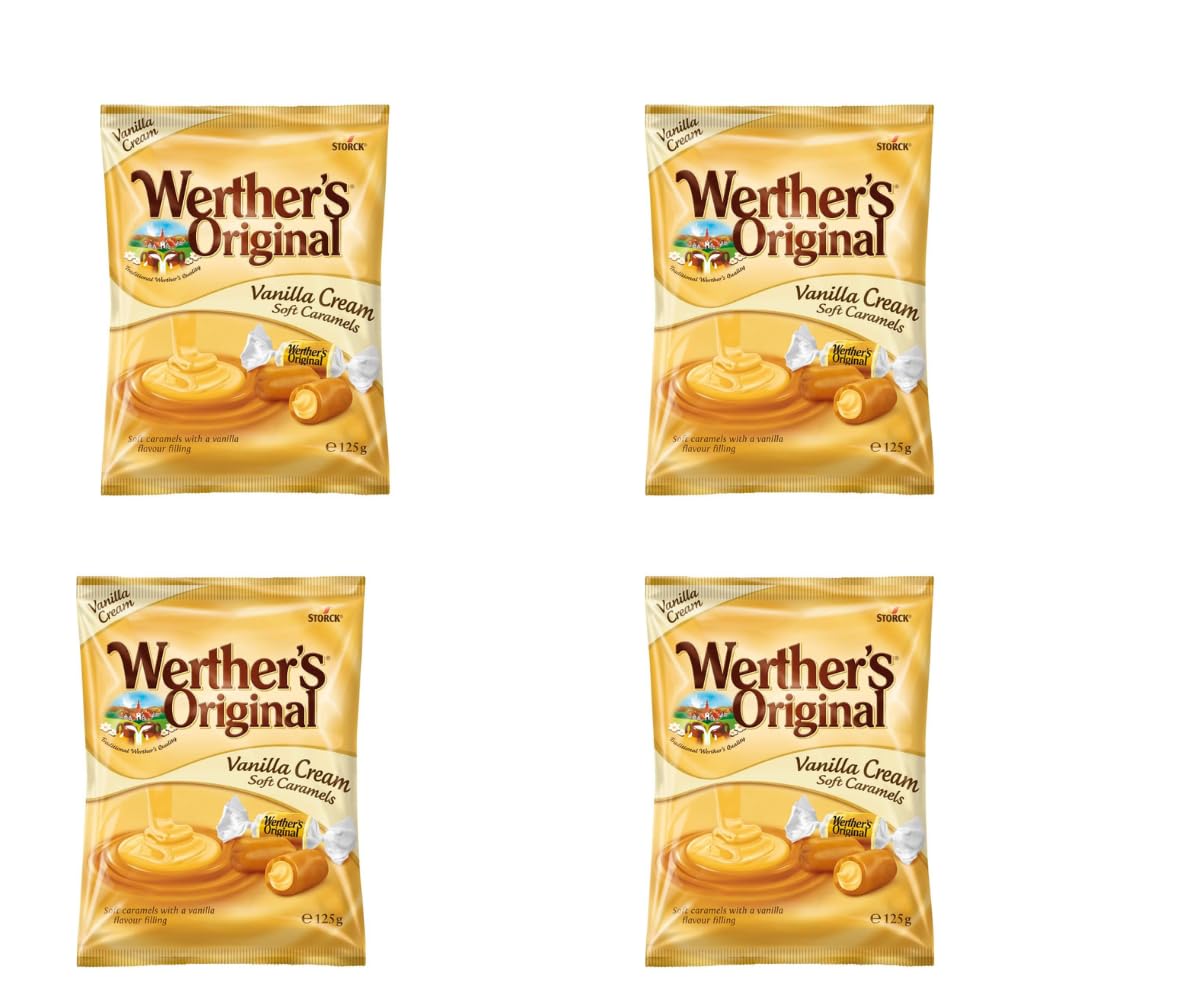 Werther Original Vanilla Cream Soft Caramels 125g - Indulgent Vanilla Creme Centre Encased In Soft Caramel - Traditional Wether's Quality - Pack of 4