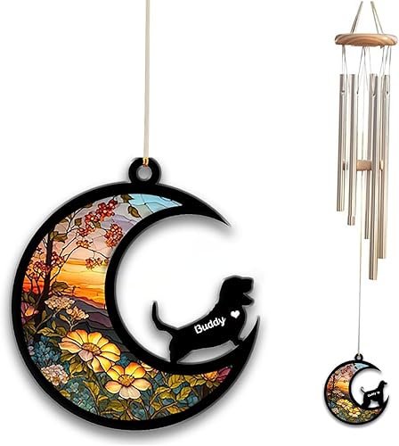 Basset Hound Sun Catcher Campana de viento, campanilla de viento conmemorativa de girasol personalizada para perro, regalo de pérdida de perro,