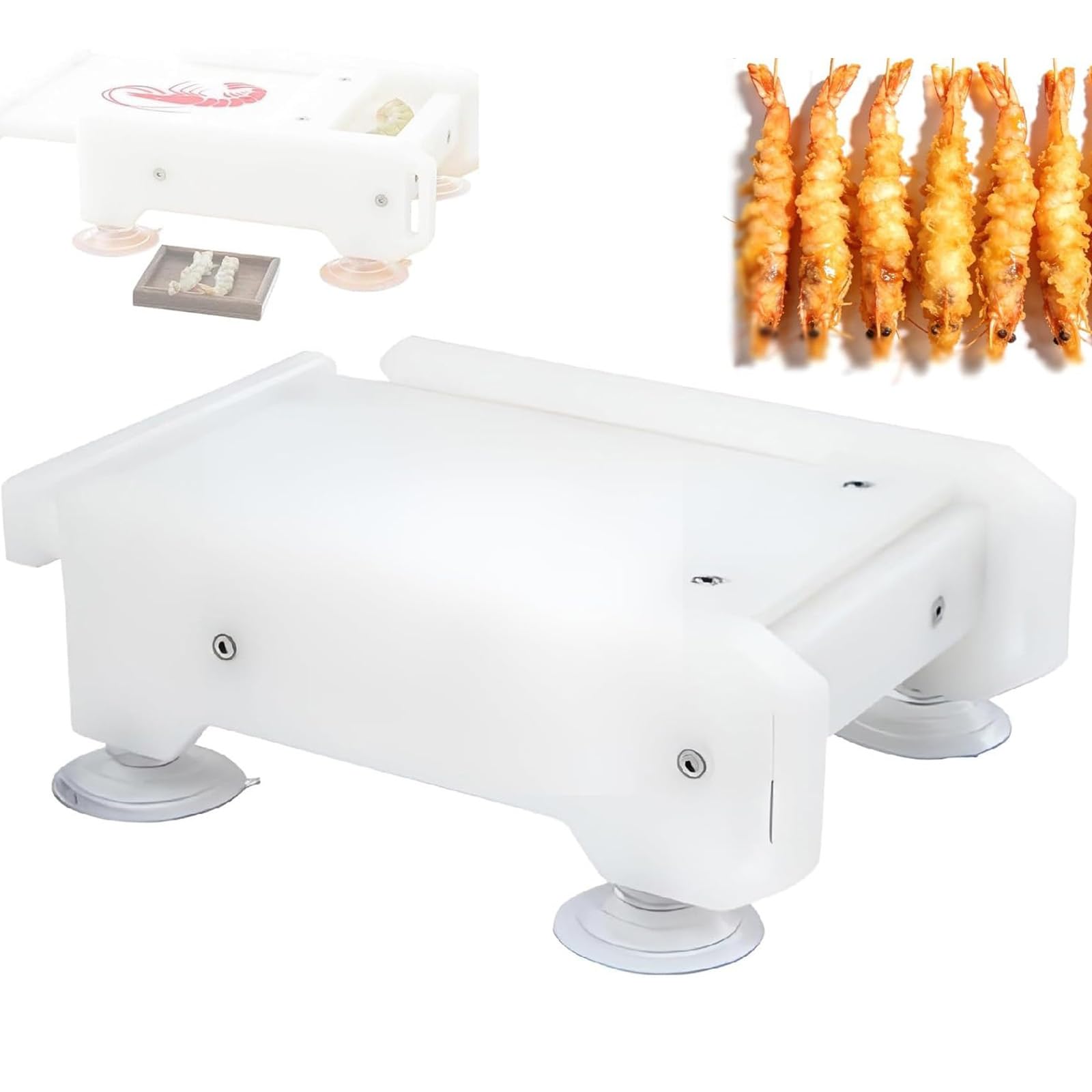 Herramienta de prensa de camarones para sushi, aplanamiento de langostinos tempura con base de succión y agujeros de drenaje, diseño extraíble fácil de limpiar, ideal para cocina asiática y cocina