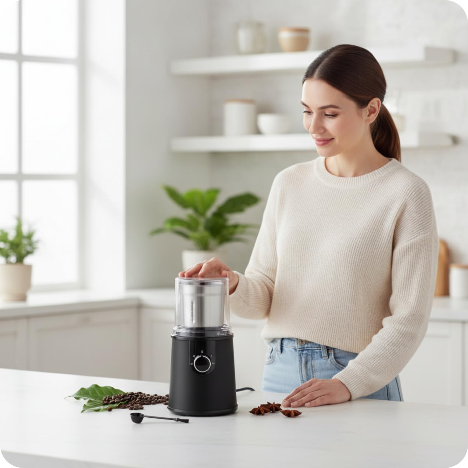 Tapa Transparente Cuchara Medidora Electrodoméstico Molinillo para Café y Especias, Negro, 220V Estándar Europeo