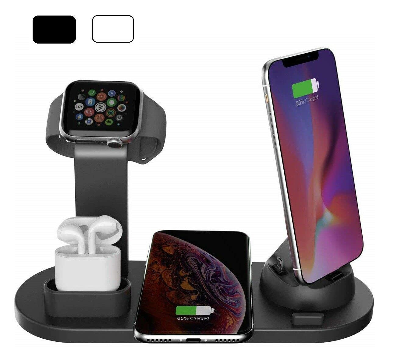 Stazione Di Ricarica Wireless 3 In 1 Con Adattatore QC 3.0 E Luce Notturna - Supporto In Metallo Per Smartphone, Auricolari AirPods E Smartwatch