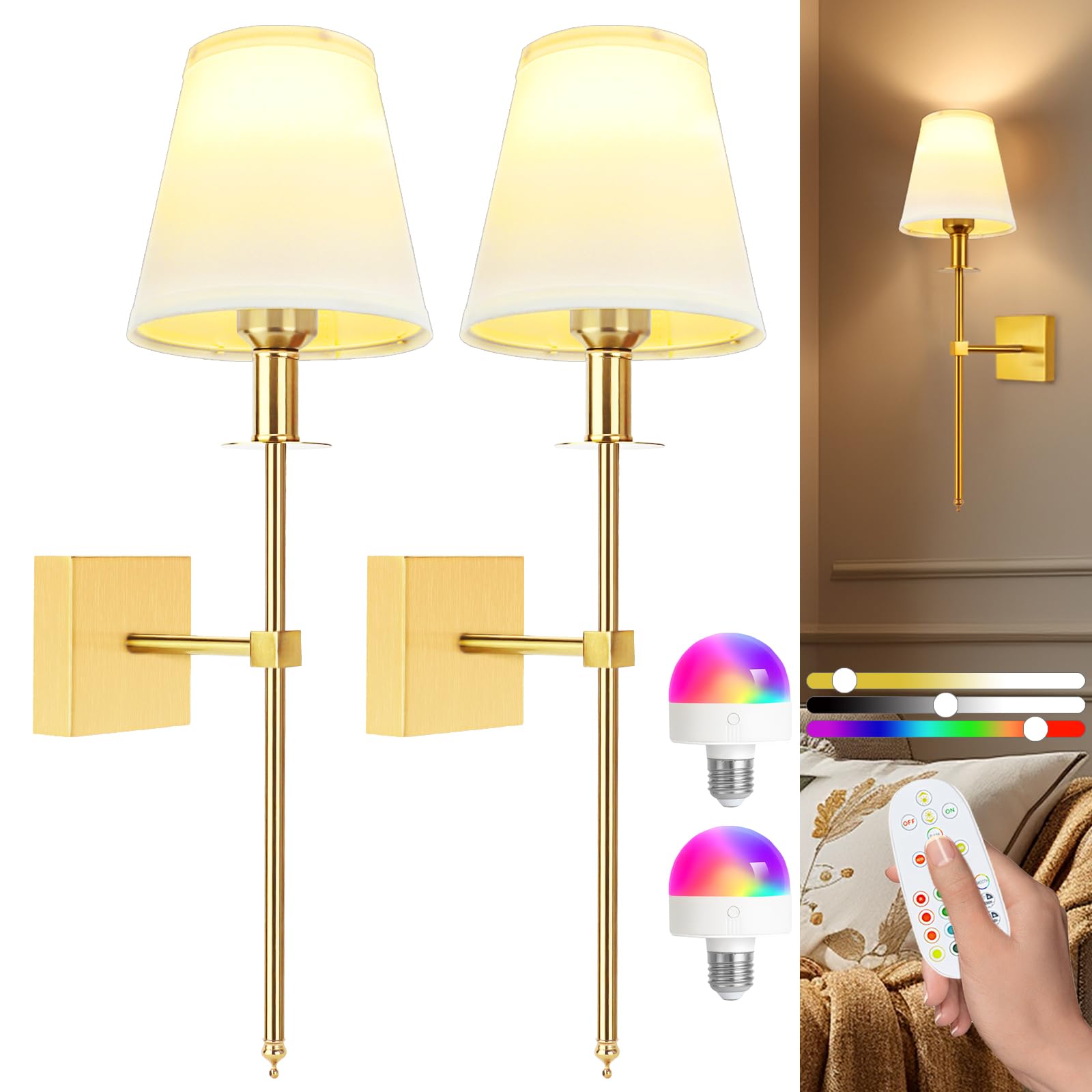 Lamparas Pared sin Cable, Regulable, con 5000mAh Bombilla Recargable y Mando a Distancia, 400 LM Aplique Bateria para Sala de Estar Dormitorio Pasillo, 2 Pack, Dorado