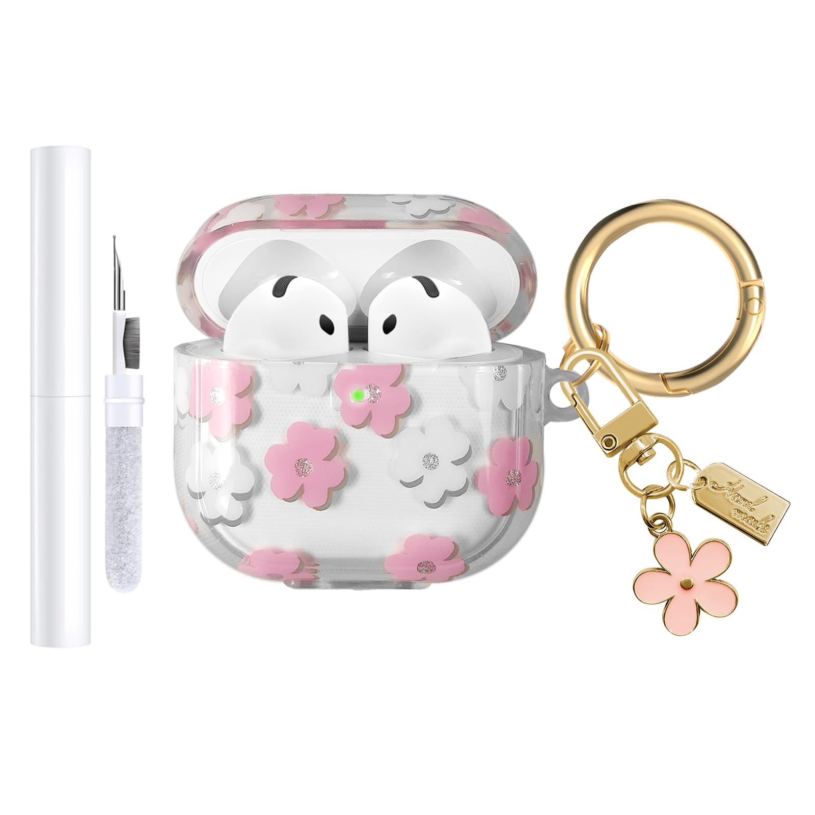 Coque AirPods 4 2024 TPU Souple Motif Floral avec Porte-clés et Kit de Nettoyage Rose