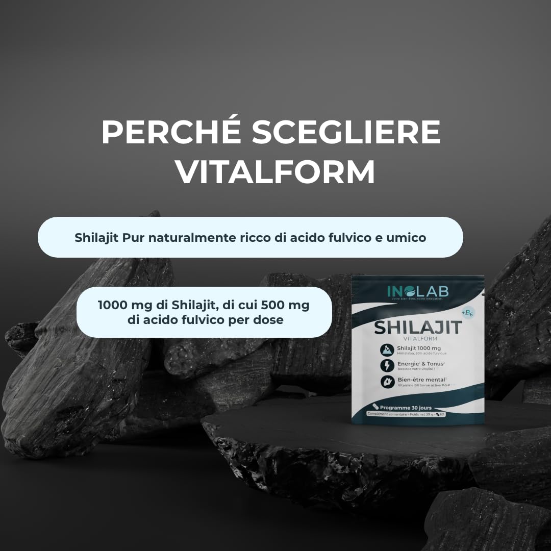 INOLAB Shilajit Puro Originale Himalaya | Titolato al 50% in Acido Fulvico I Integratore per Energia, Equilibrio ormonale, Vitalità maschile e Benessere Mentale I Shilajit Mumijo Capsule Vegan
