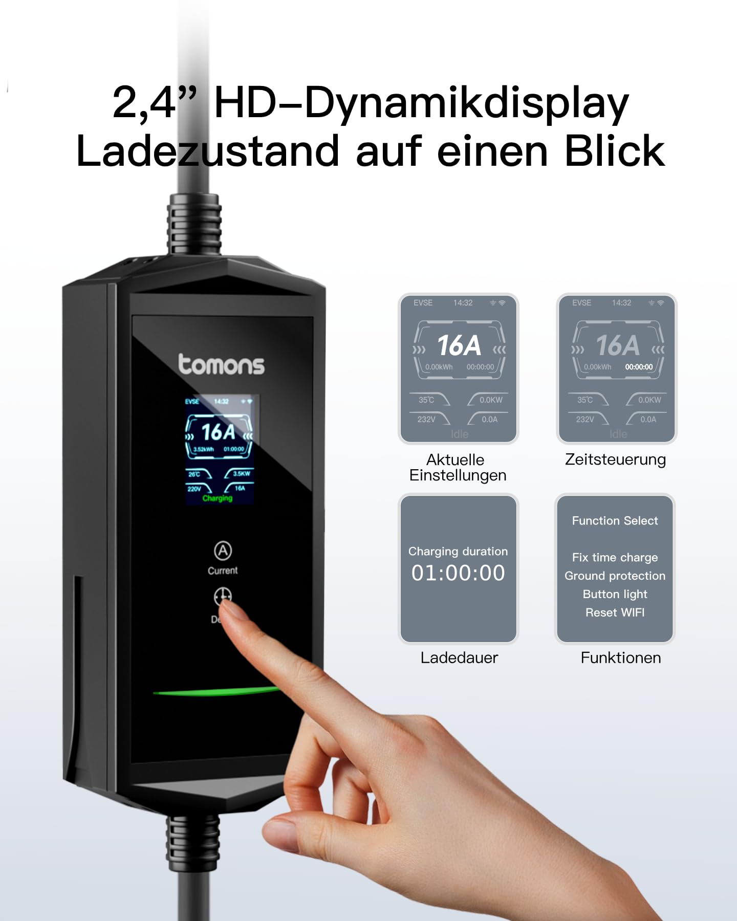tomons Type 2 Ladekabel Schuko mit APP, Mobile Wallbox 3,68 kW 6M Einphasig 16A, 2,4" LCD-Anzeige IP65,Einstellbarer Ladeleistung&startzeit,für e Auto ID.3/4/5/7,Model Y/3,ENYAQ und Anderen PHEV/EV