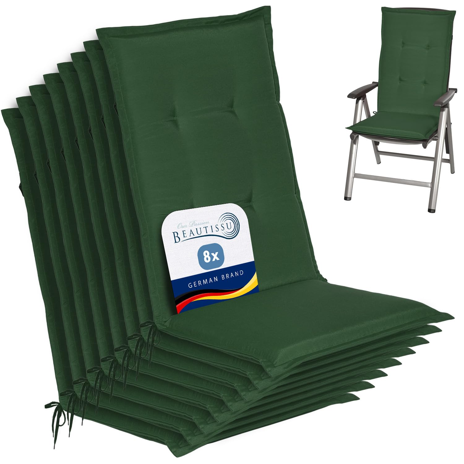 Beautissu Highback Outdoor Chair Cushions 120x50x6 cm Loft HL - Set of 8 Seat Cushions for Garden Chairs with Backs Recliner Patio Chair Sunbed Bench - Dark Green