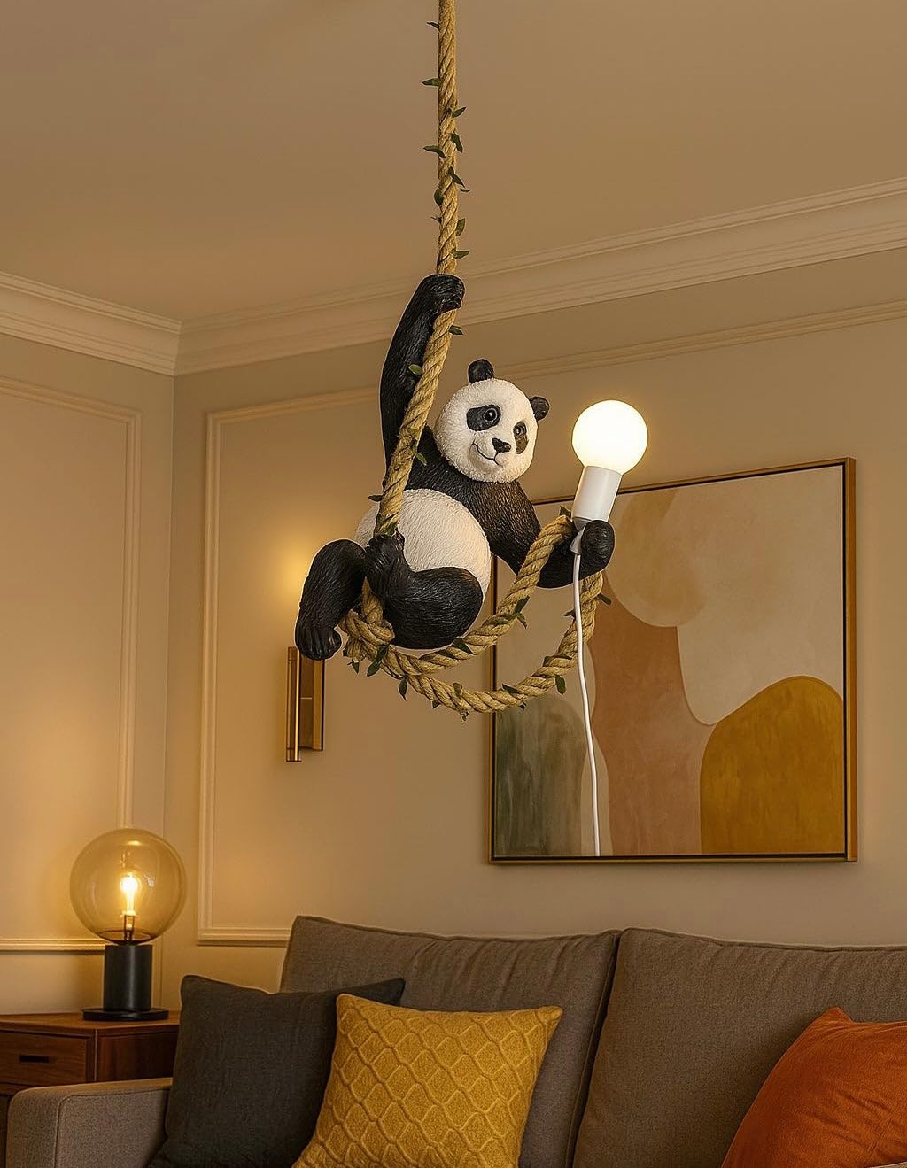 HDC Panda Hanging Ceiling Pendant Light – Resin Panda Design with Hemp Rope Accent | Decorative Ceiling Light for Kids’ Bedroom, Nursery, Living Room-image-26