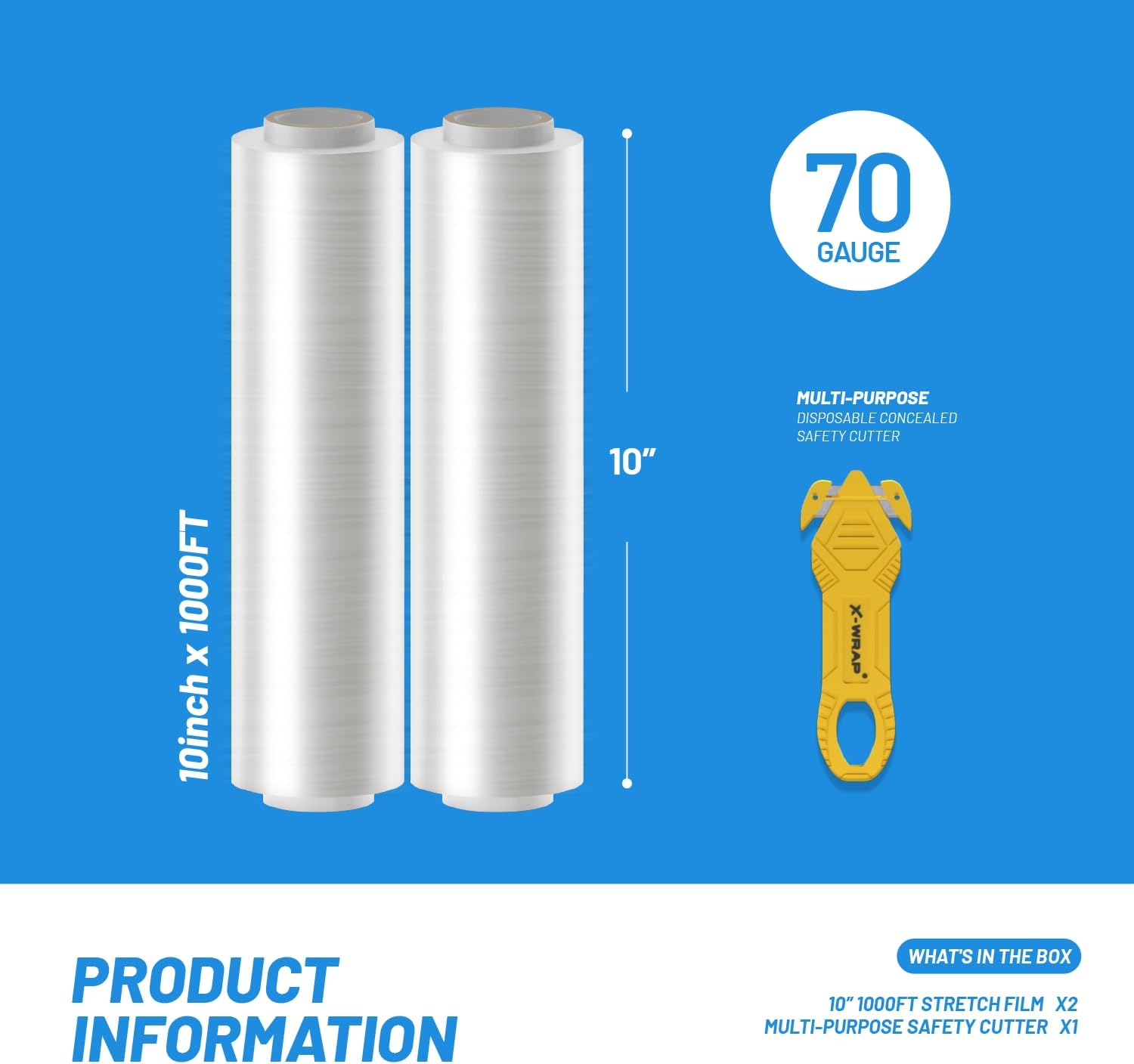 Plastic Wrap for Moving Furniture, 2 Roll Stretch Film Refill & Safety Cutter, 10" x 1000 ft (70 Gauge) with Universal Fit Core, Packing, Shipping, Pallet Wrapping, Clear
