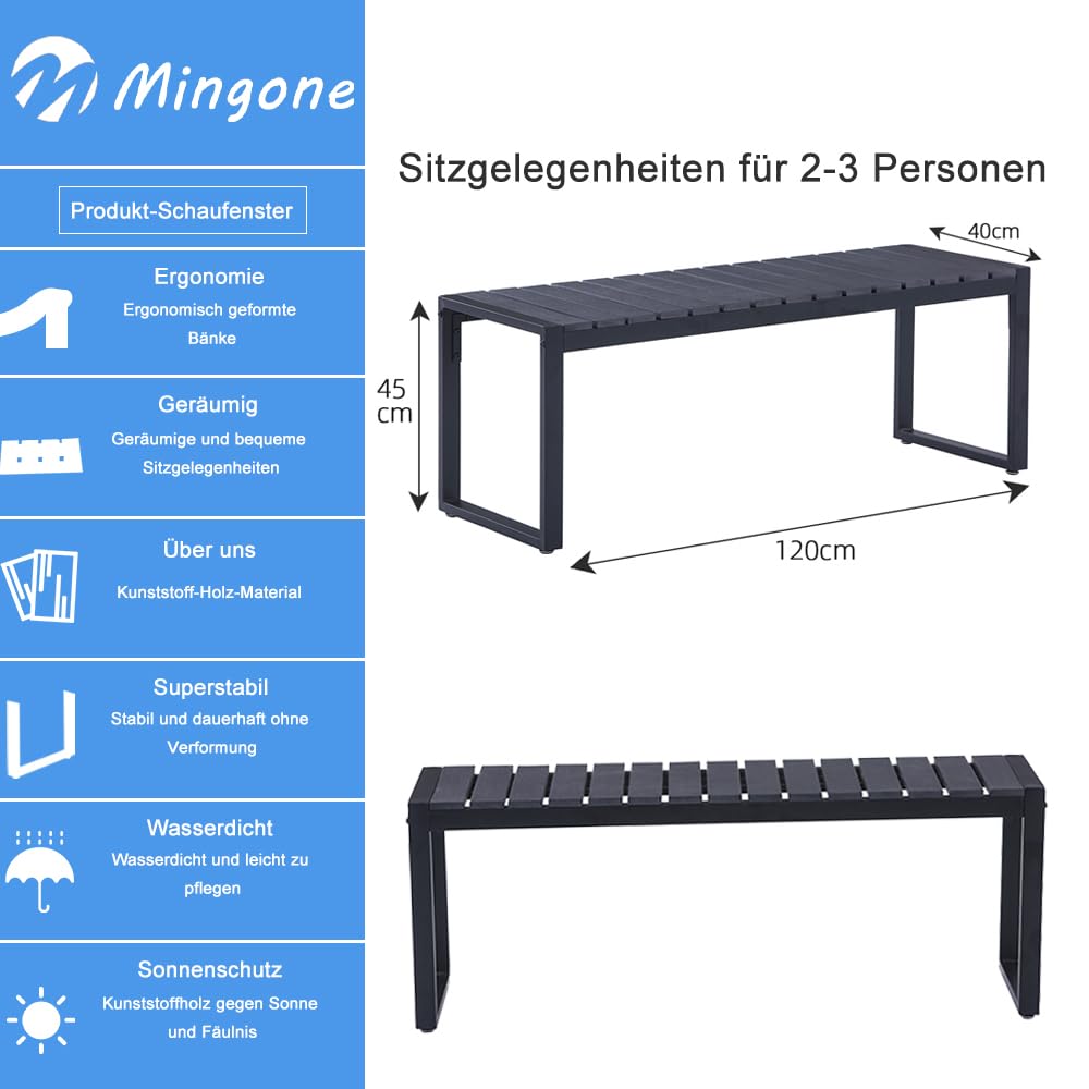 Mingone Gartenbank Wetterfest Sitzbank Parkbank Bank Holz Gartenmöbel für Balkon Terrasse Garten bis 200kg Belastbar (120cm-1) | Sitzbank ohne Rückenlehne | Balkonbank Wetterfest | Für Balkon Terrasse Garten | Bis 200kg Belastbar