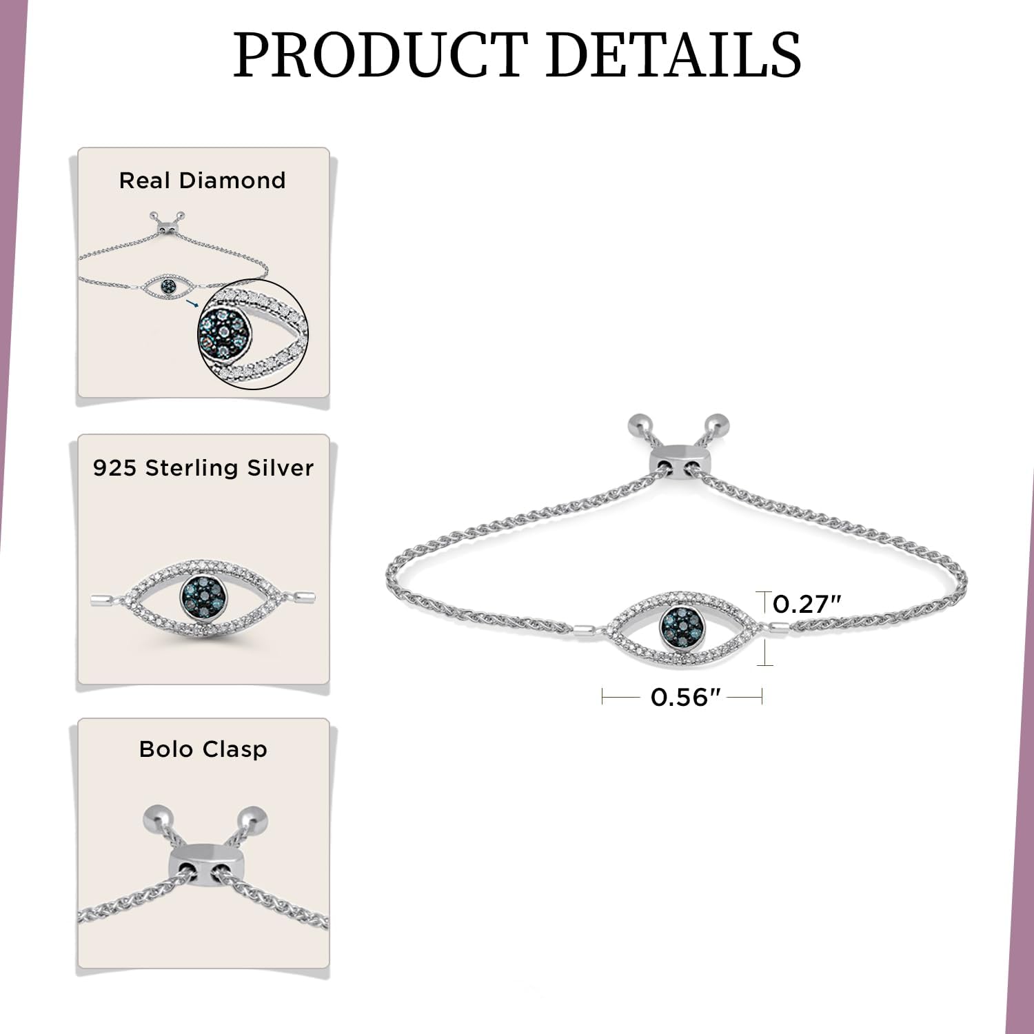 Jewelili Sterling Silver Cross and Evil Eye Bolo Bracelet fo Women | 1/10 CTTW Natural White Round Diamonds | Wheat Chain | Gift Box Included | Timeless Fashion Jewelry
