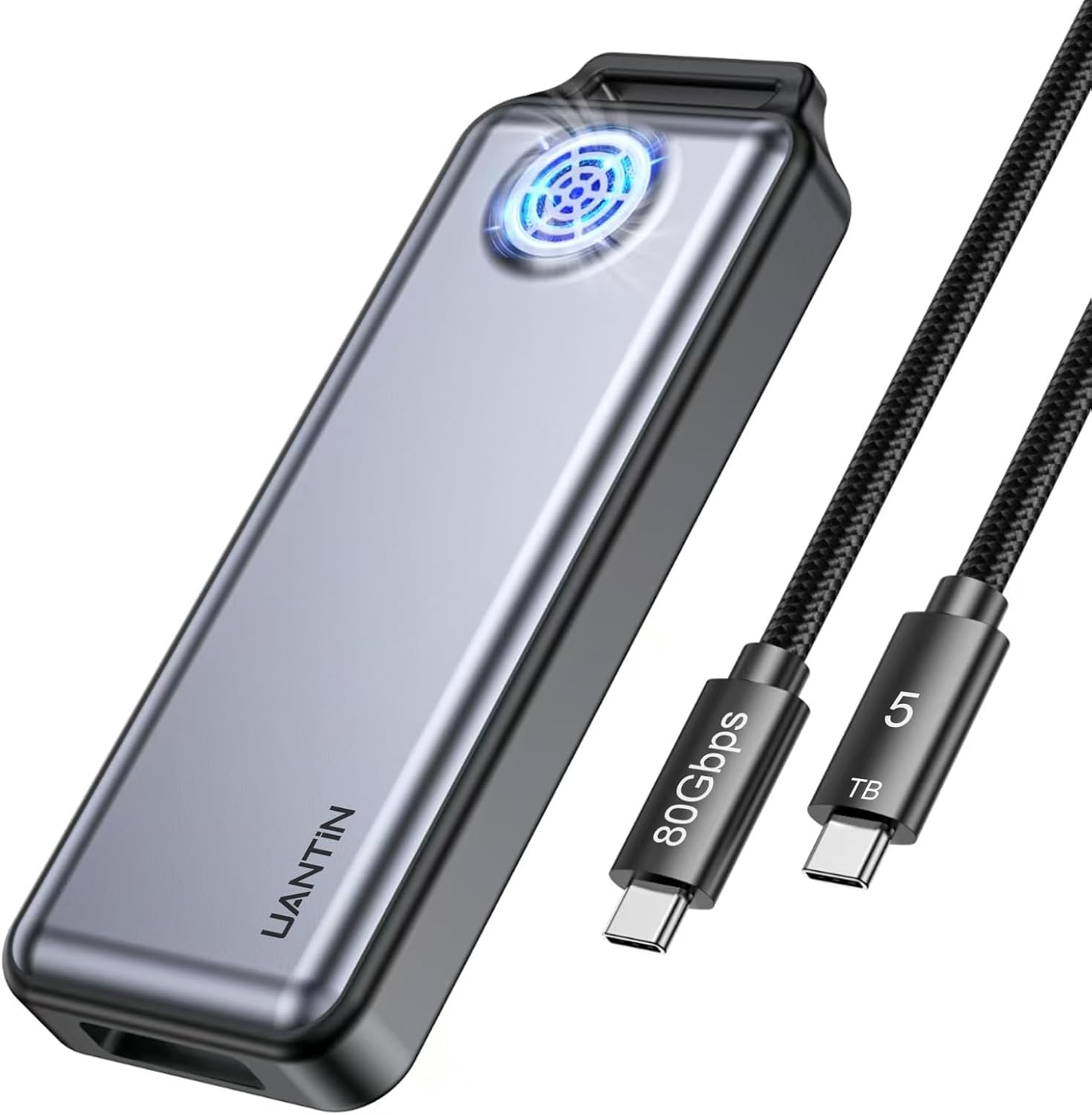 M.2 NVMe SSD Enclosure 80Gbps - Zinc Alloy Case with Cooling Fan & Silicone Sleeve, Compatible with Thunderbolt 5/4/USB4, Support 2280 M Key/M+B Key SSDs, Includes 80Gbps USB-C Cable