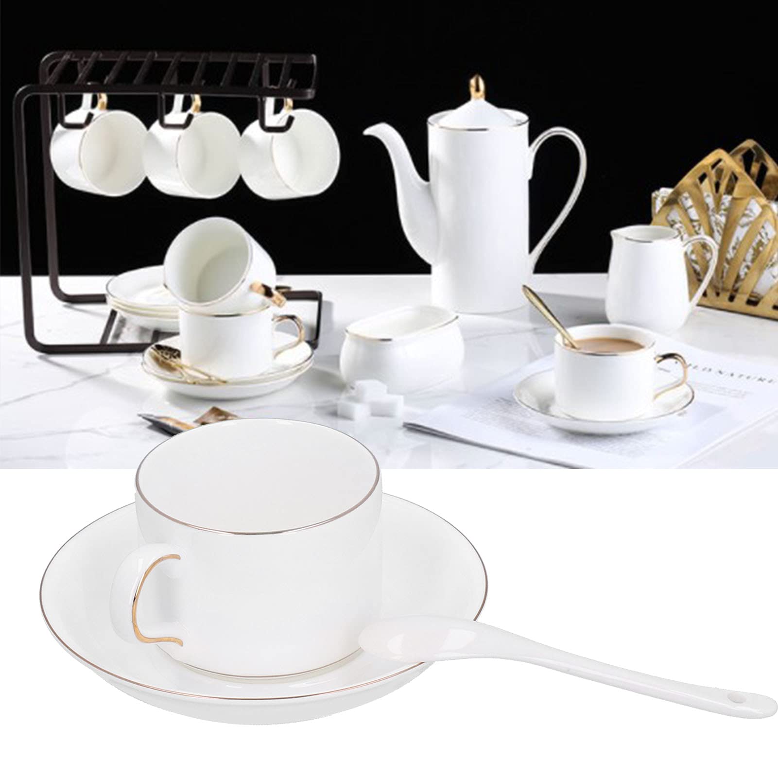 Juego De 4 Tazas De Café, Juego De Tazas De Té Y Platillos, Taza De Cuchara De Porcelana De Hueso Alto Y Juego De Platillos, Taza De Café Con Platillo, Cuchara, Taza De Té, Regalo Para La Cocina Del H
