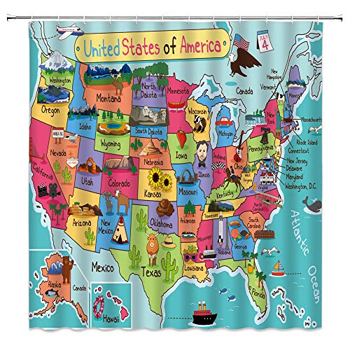MNSC American Map Shower Curtain Kids Cartoon United States Map Children's Educational Geography Landmark Fun Facts USA Map Profession Bathroom Decor Fabric Bathroom Curtain 71x71Inch with Hooks