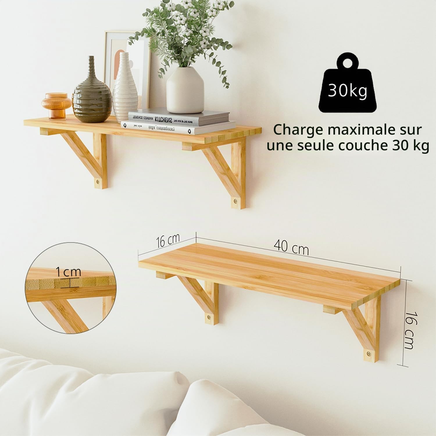 Lot de 3 Étagère Murale Bois pour Salon Chambre Bureau Salle de Bains ou Cuisine