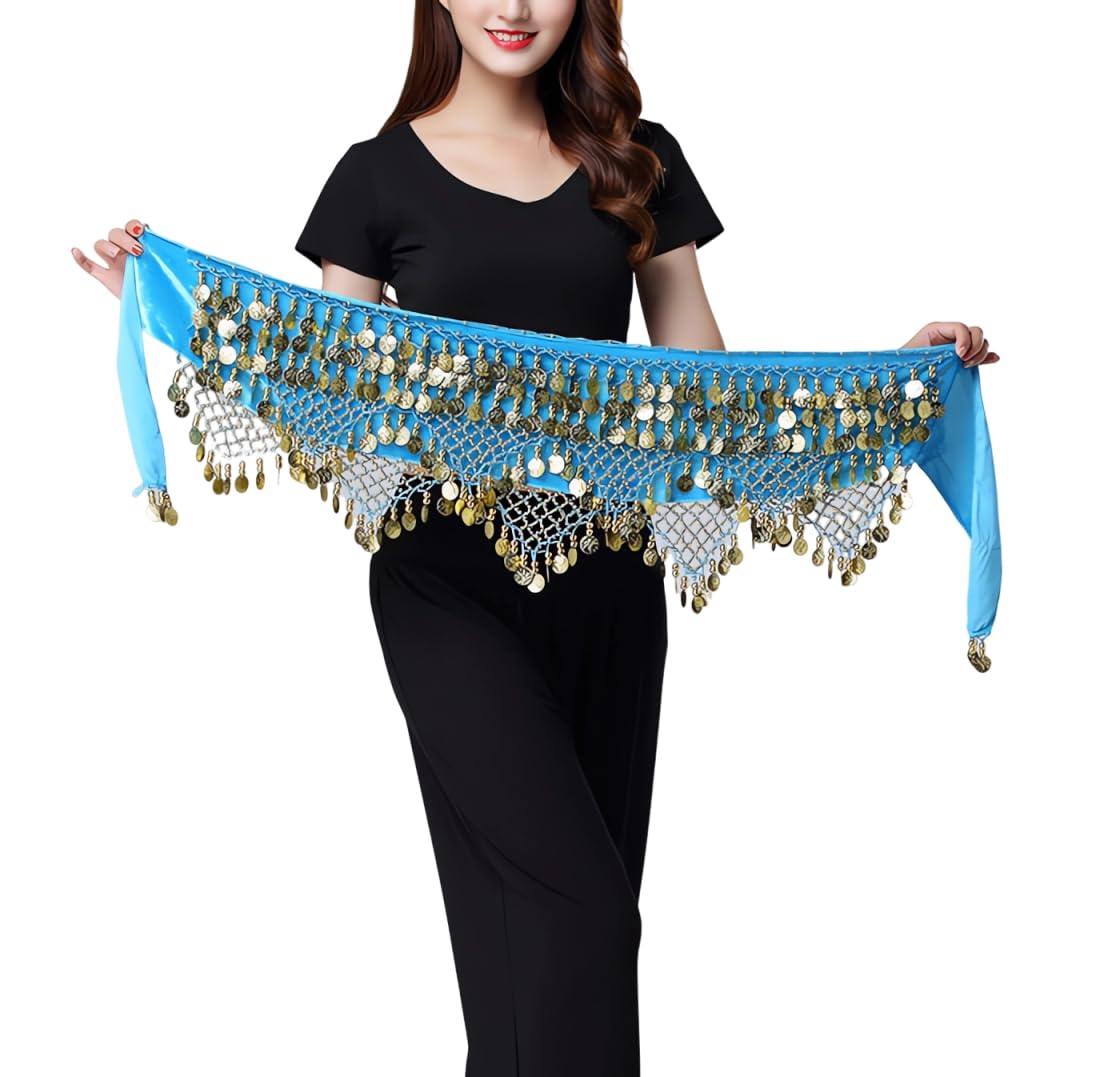 Samheng Women's Light Blue Belly Dance Hip Scarf With 328 Coins, Velvet Belly Dance Belt With Coin Tassel, Belly Dancing Hip Scarf Wrap Skirt For Stage Performance, Belly Dancer Costumes For Yoga, Belly Dance, Zumba