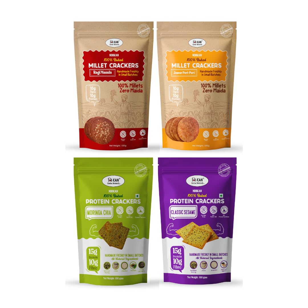 NIHKAN Healthy Baked Crackers Combo of 4 Packs - High Protein, Gluten Free & Clean Label Millet & Lentil Snacks - Ragi, Jowar, Moringa, Sesame-image-28