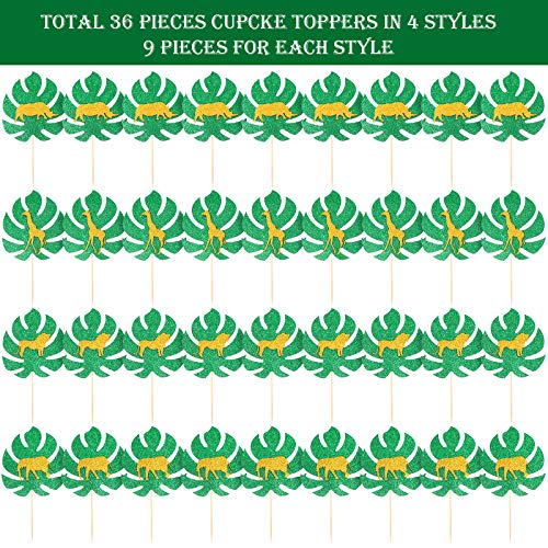 36 Pieces Animal Cupcake Toppers Jungle Animal Cake Toppers Gold Glitter Palm Leaves Toppers Cake Decorations For Jungle Safari Animals Party Baby Showers Birthday Party #TOP5