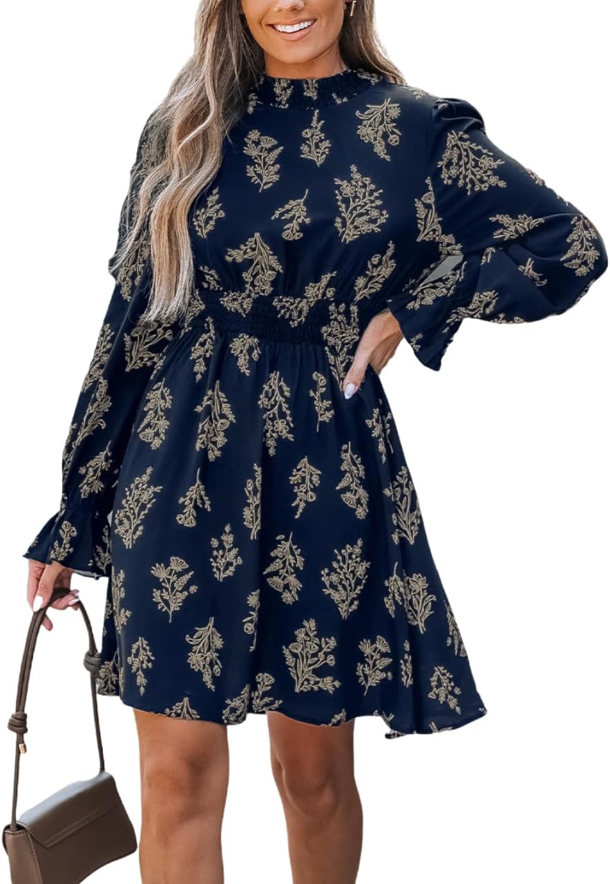 CUPSHE Women's Mock Neck Floral Mini Fall Dress Long Ruffle Sleeve Elastic Waist Smocked Casual Flowying Mini Dresses