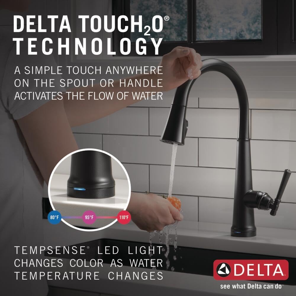 Delta Faucet Emmeline Matte Black Kitchen Faucet Touch, Touch Kitchen Faucets with Pull Down Sprayer, Kitchen Sink Faucet, Kitchen Faucet Black, Touch2O Technology, Matte Black 9182T-BL-DST