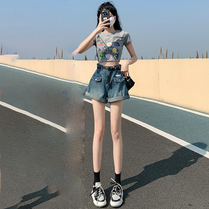 Blue High-Waist Denim Shorts Women's Thin Spring Summer Rolled-Up A-Line Wide Leg Hot Shorts