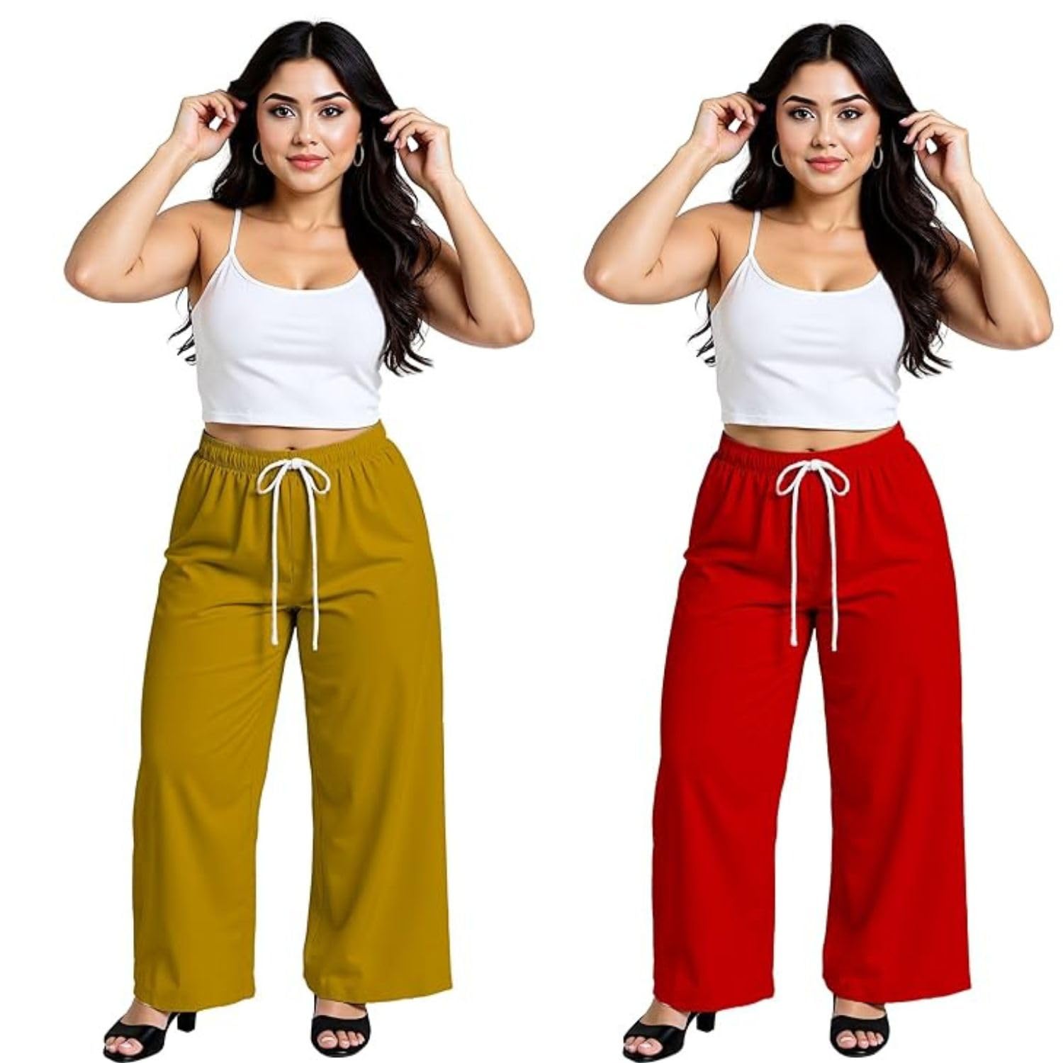 Women’s Solid Rayon Palazzo Combo Pants High-Waist Wide-Leg Trousers with Elastic Drawstring Waistband Comfortable Relaxed Fit for Casual Pack of 2-picture-42