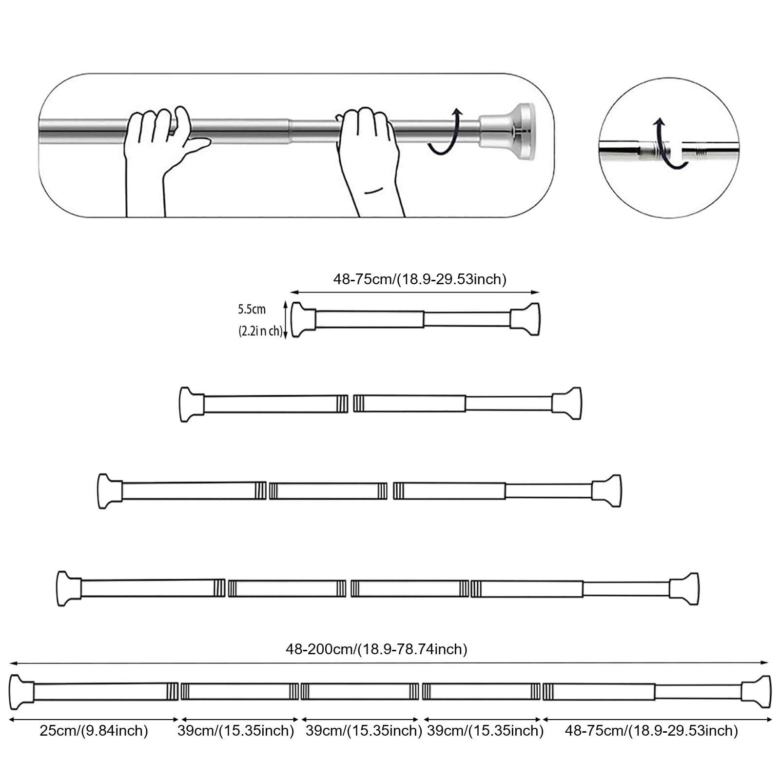 Bastone Tenda a Pressione Estensibile 48-200cm Senza Forare Asta Telescopica in Acciaio Inox Bastone Tenda Doccia Bianco Antiscivolo & Mai Rustico per Finestra, Armadio, Porta