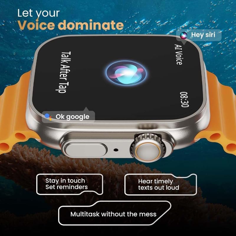 Smartwatch display showing the AI Voice Assistant interface with 'Talk After Tap' and 'Hey Siri' / 'Ok Google' prompts.