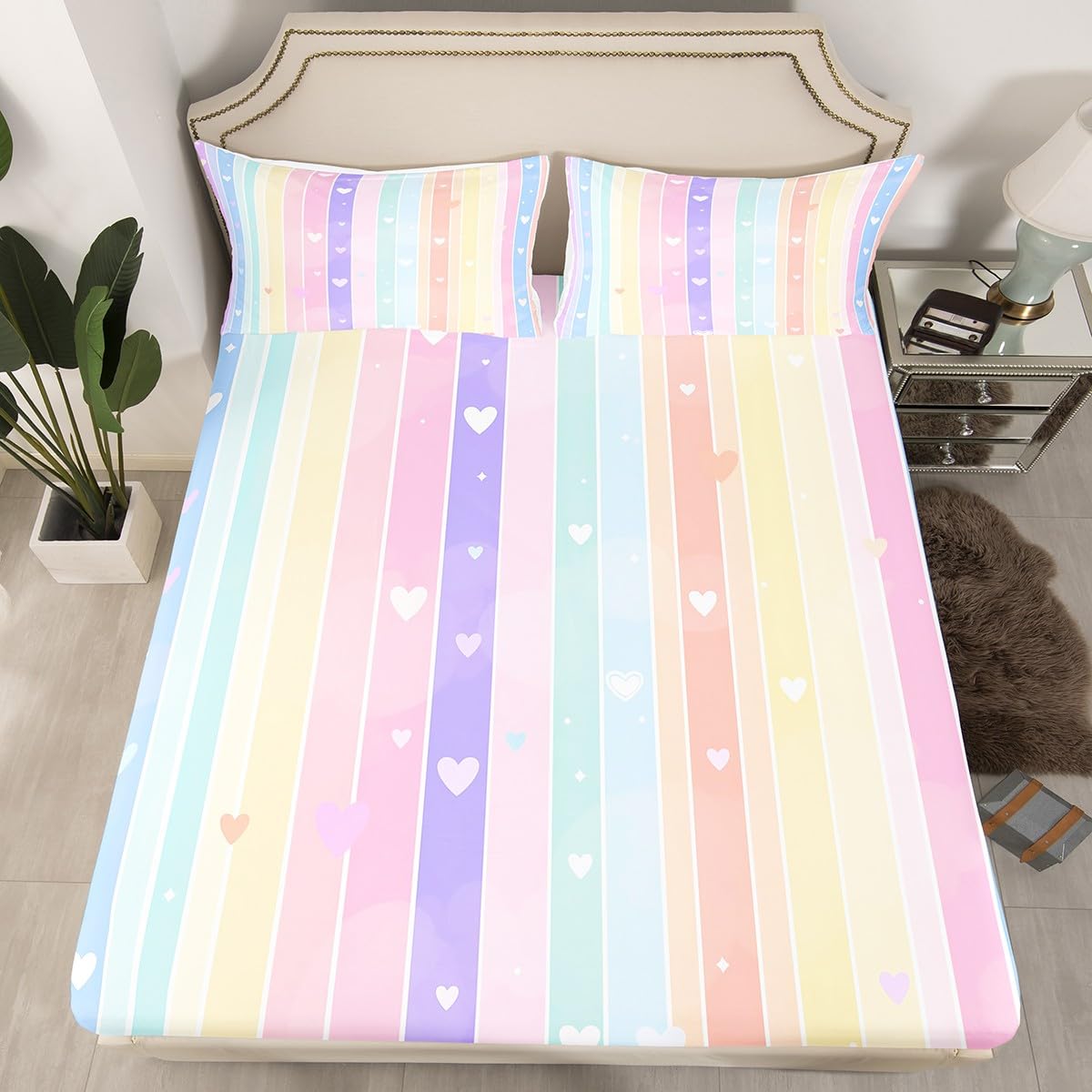 jejeloiu Heart Fitted Sheet Twin Size Cute Rainbow Bedding Set for Boys Girls Teens Multiful Bed Sheets Set Breathable Soft Lightweight Microfiber