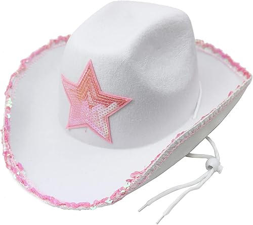 GiftExpress Sombrero de vaquera de fieltro blanco con estrella de lentejuelas rosa, sombrero de disfraz de vaquero para fiesta temática de campo,