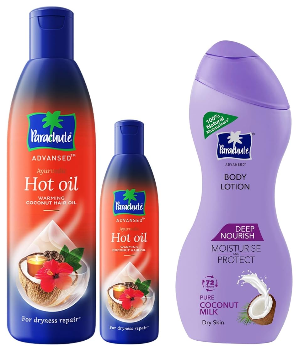 Parachute Advansed Ayurvedic Hot Oil, Warming Coconut Hair Oil, 400 ml + 90 ml & Parachute Advansed Deep Nourish Body Lotion for Women & Men, Dry Skin, 250ml