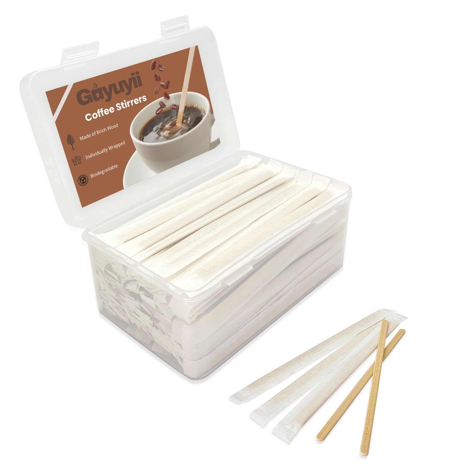 Guyuyii 300 Pcs 5.5" Coffee Stirrers Individually Wrapped with Storage Box