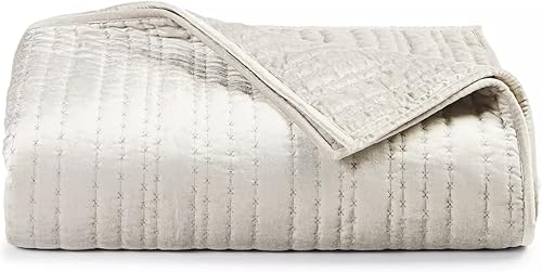 Hotel Collection Colcha de terciopelo a rayas abigarradas tamaño matrimonialqueen color marfil