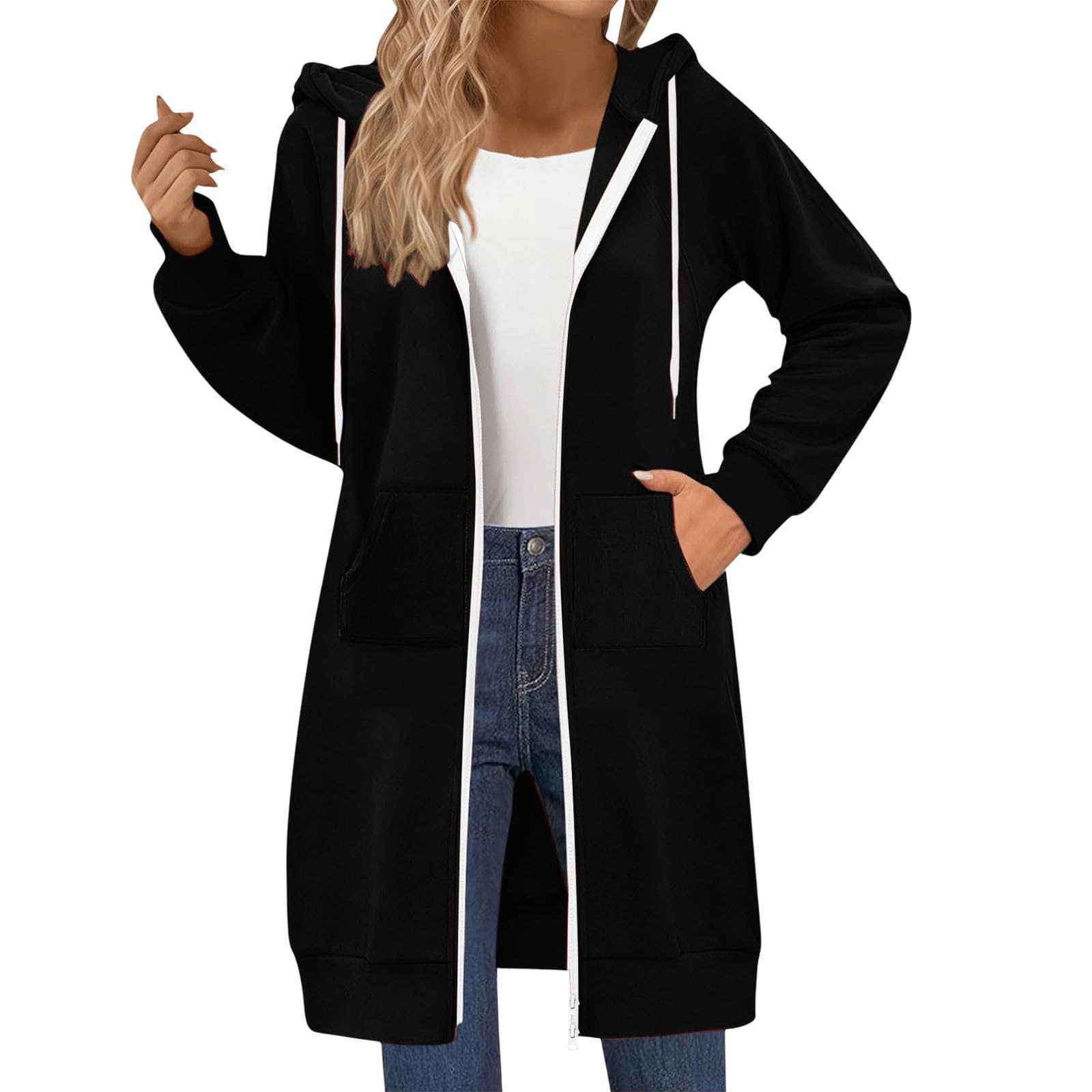 Długie bluzy z kapturem dla kobiet zapinana na zamek polarowa oversize bluza z długim rękawem | Swobodne bluzy z podwójnym zamkiem błyskawicznym, luźny krój z kieszeniami modne jesienne zimowe ubrania Y2k