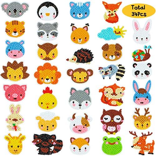 BeYumi 34Pcs 5D Diamond Painting Kits for Kids, DIY Animals Diamond Painting Stickers, Handmade Digital Diamond Arts Craft Mosaic Stickers, Painting by Numbers Kits for Adult Beginners Baby Shower