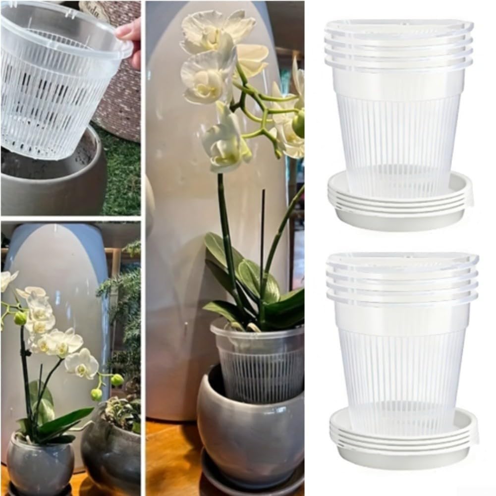 Przezroczyste plastikowe doniczki Doniczka z orchideą otworem drenażowym i tacą, opakowanie 8 sztuk, białe, 14 cm 16(16cm)