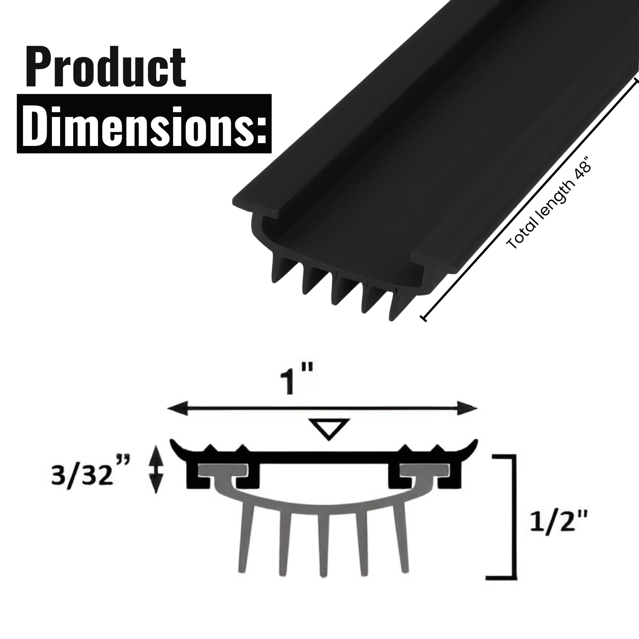 KC Hardware - Barrido inferior de puerta de goma en forma de U, burlete para puertas delanteras exteriores, sello debajo de la puerta, negro, 48 pulgadas, paquete de 2