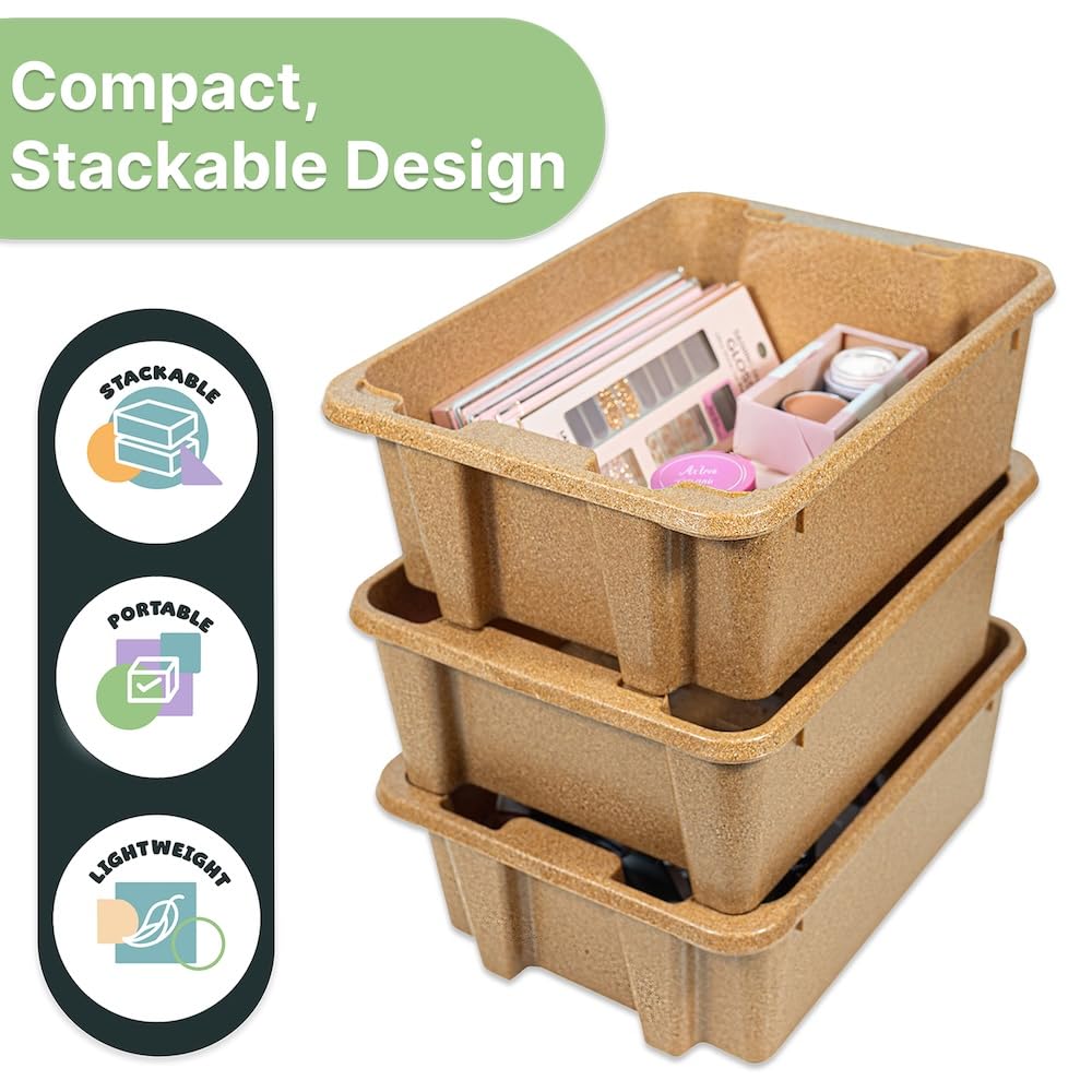 Best Kept 6842BKLB Lot de 3 bacs de rangement empilables – Conteneurs en plastique pour cuisine, salle de bain, travaux manuels et loisirs, bacs de rangement polyvalents légers et durables – Marron