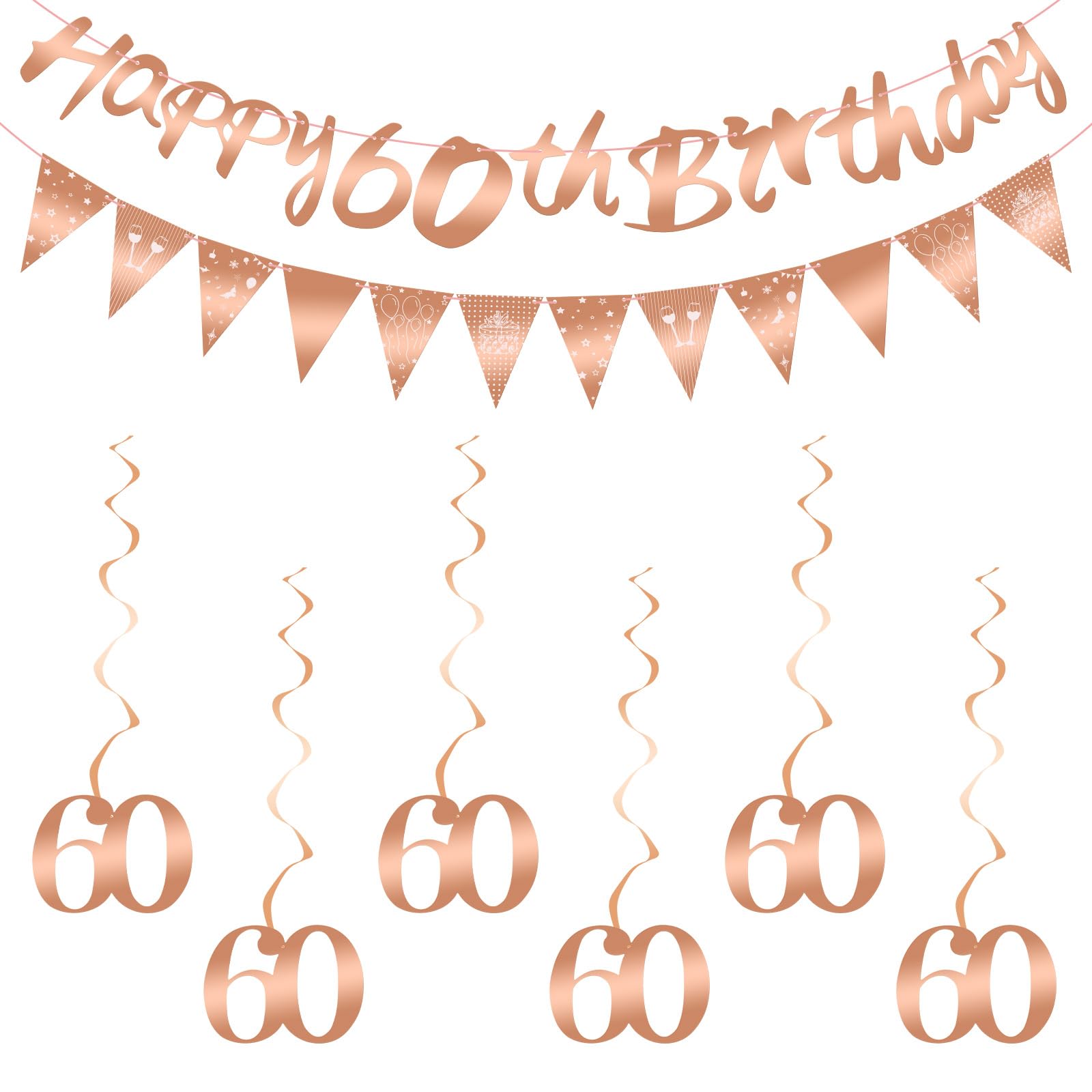 Ainiv 60th Birthday Decorations, Rose Gold Happy 60th Birthday Banners, Triangle Flags Bunting Banner with 6pcs numbers 60 Hanging Swirls Streamers, 60th Party Decorations Supplies for Women Men