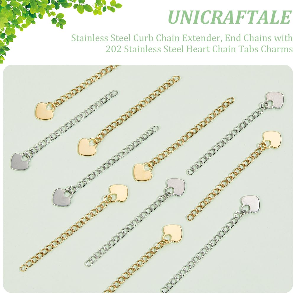 UNICRAFTALE 40pz 2colori 304 catenelle di Estensione per Catena Barbazzale In Acciaio Inossidabile con Ciondoli A Forma di Cuore Linguette per Catene Collane di Estensione Cavigliere Estensori 59~65mm