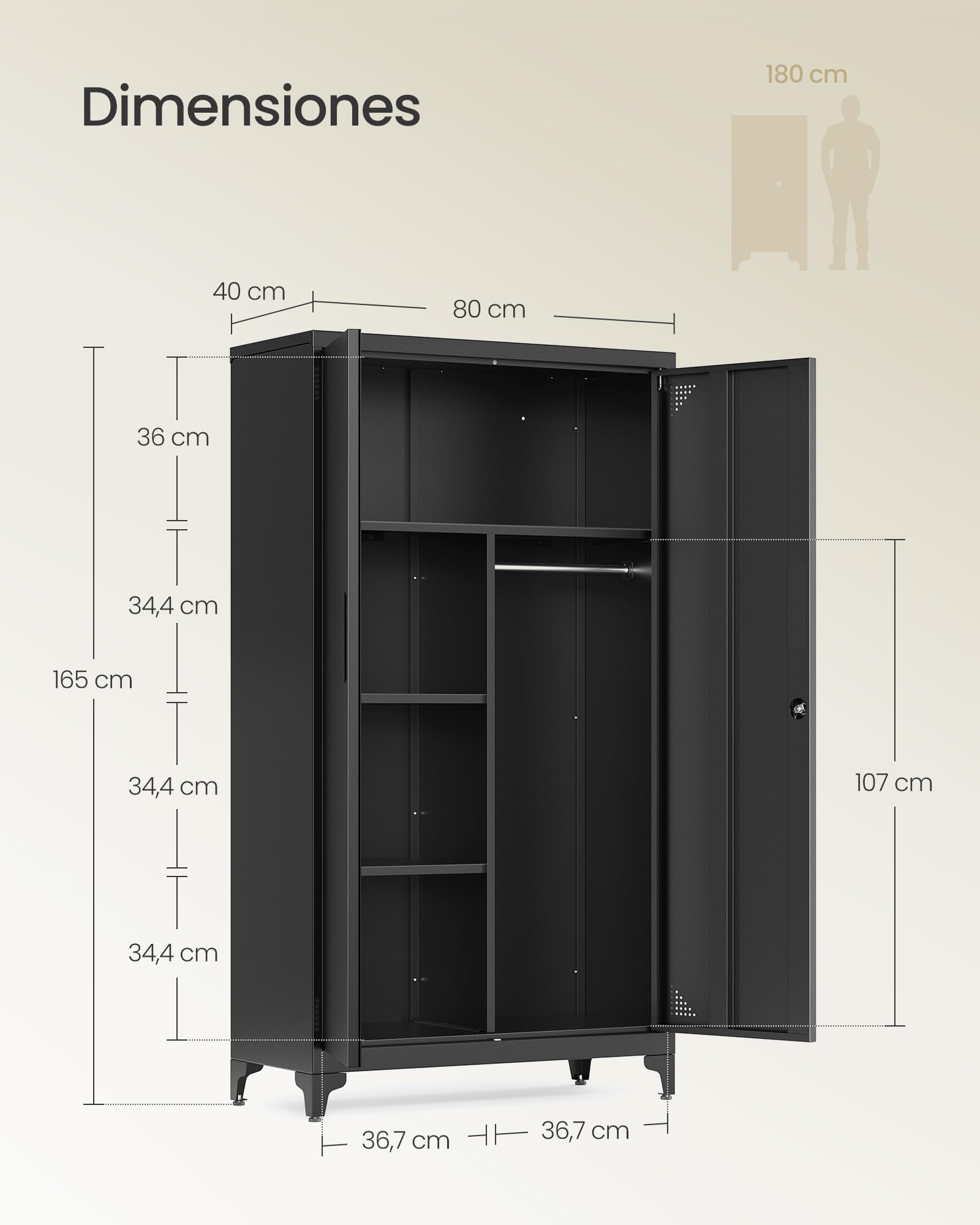 SONGMICS Armario, Mueble de Almacenamiento Metálico, con 2 Puertas, 5 Compartimentos, Barra para Perchas, con Cerradura, Patas Altas, 80 x 40 x 165 cm, Negro Mate OMC018BD01