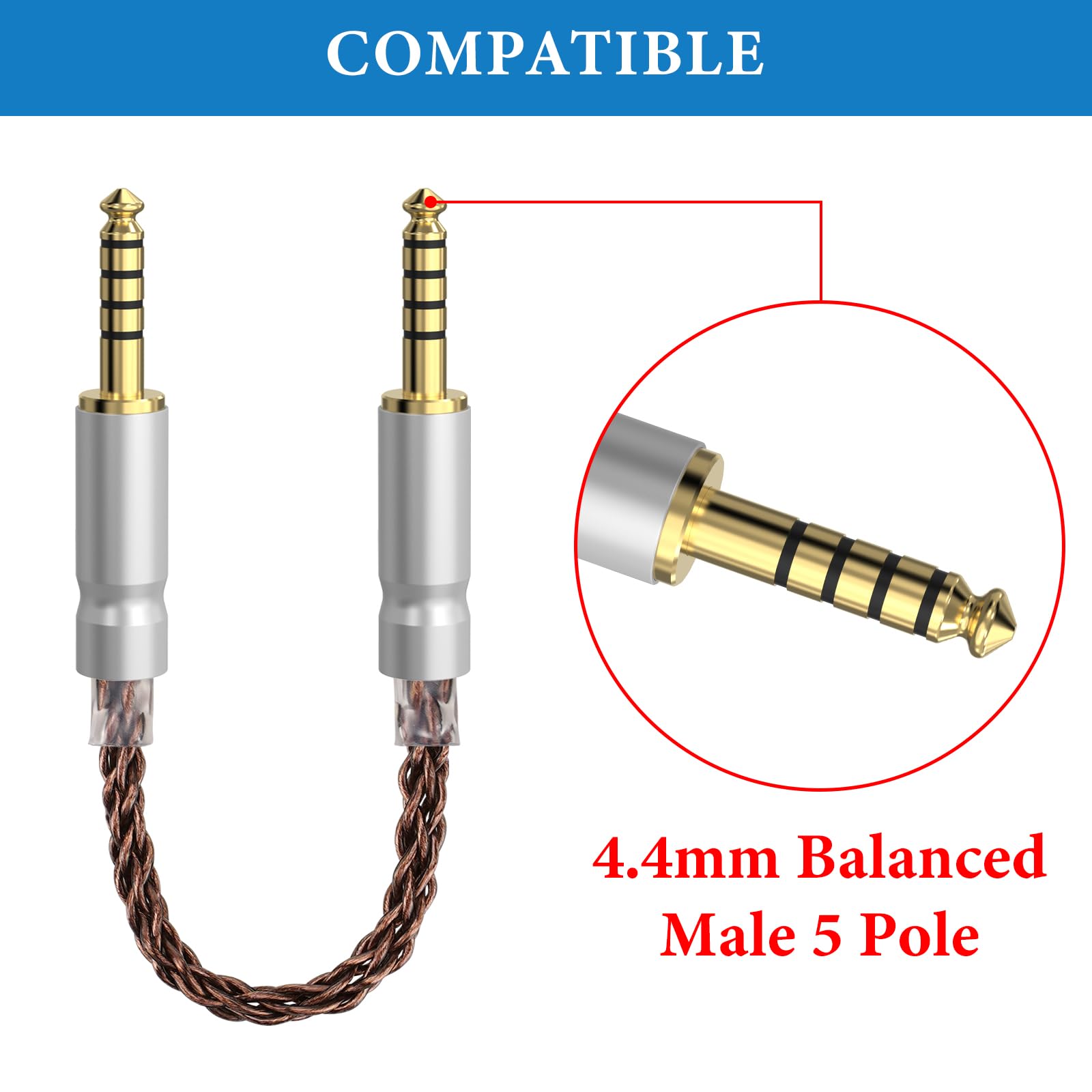 Câble équilibré Geekria Apollo 4,4 mm, 5 pôles mâle vers mâle, 8 brins en cuivre monocristal OCC 6N, pour iFi Zen DAC V2/V3, Zen Can, Zen Blue3 (NON pour appareils 3,5 mm) - 18 cm