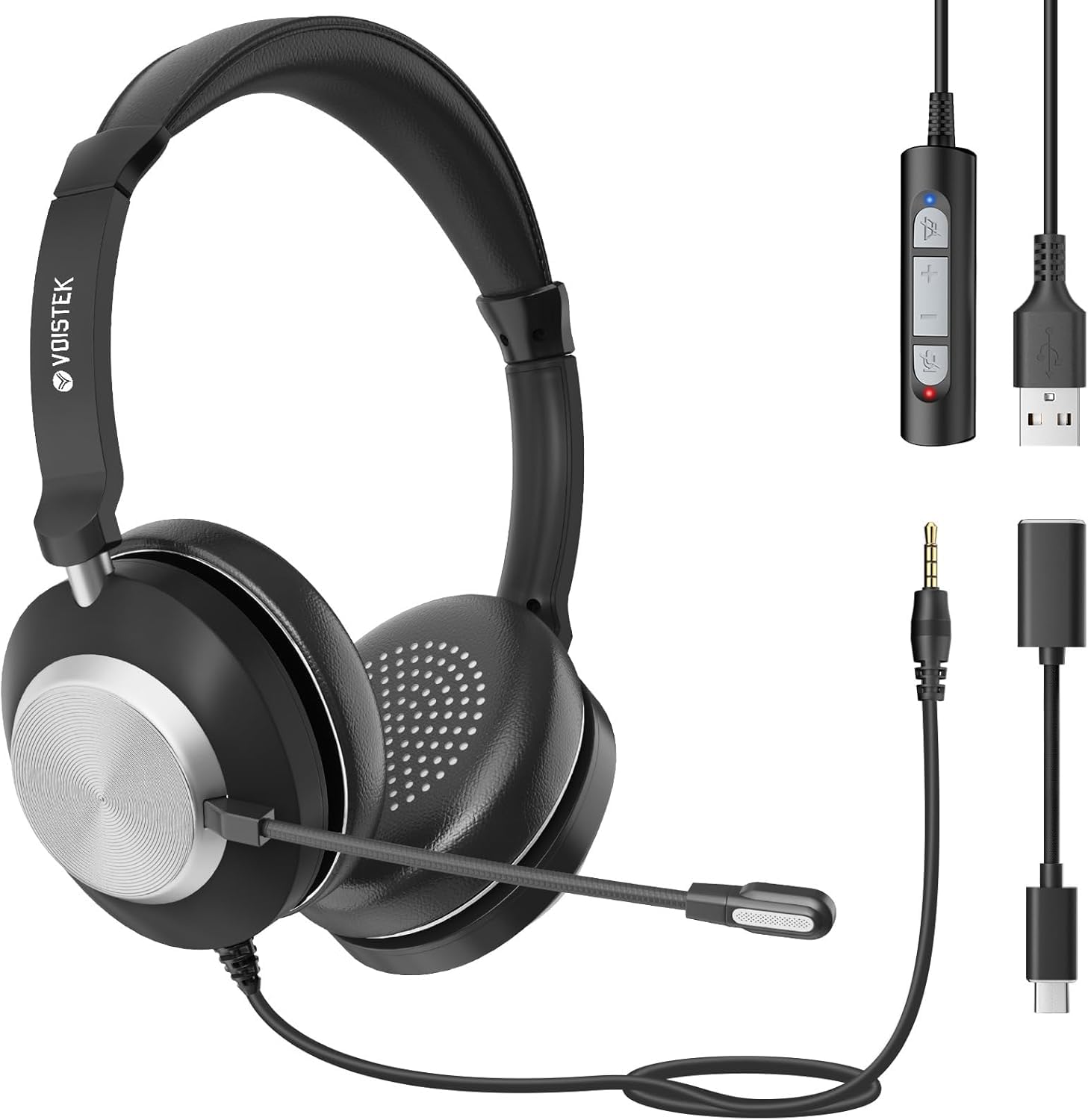 Voistek Casque avec Micro, 【3-en-1】 Type-C/USB-A/Jack 3.5 mm, Casque Audio Filaire avec Micro Réduction de Bruit pour PC, Téléphone, Bureau, Télétravail, Chat, Visioconférence, Centre d'appels, Zoom