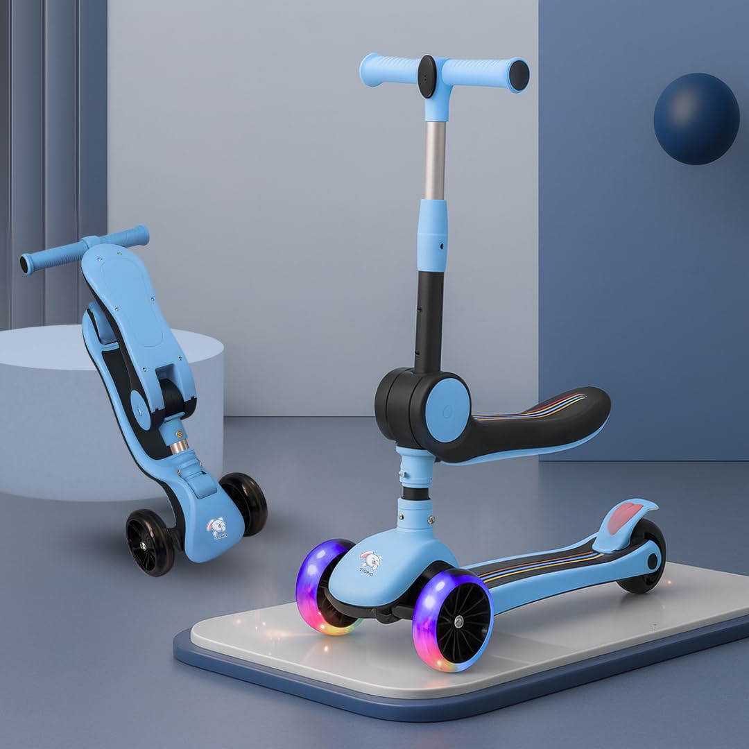 Storio 2-in-1 Skate Scooter for Kids, 3 Wheel Foldable Kids Runner with Handle, Stand and Seat Functionality, LED PU Wheels | for 3-10 Years - Blue-image-47