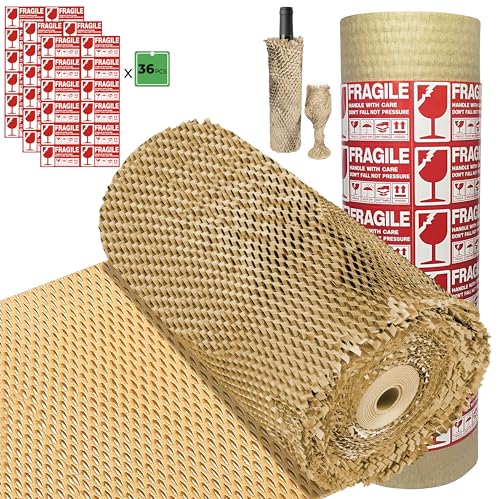 Papel de embalaje de panal de abeja – Papel de burbujas alternativo de 15 x 400 pies, embalaje de envoltura acolchada ecológico para mudanza, embalaje y envío con 36 etiquetas adhesivas frágiles