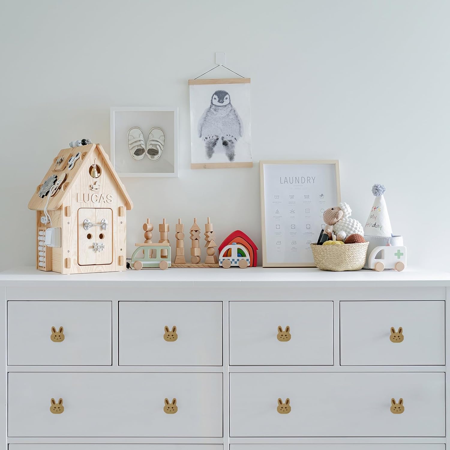 6PCS Wooden Rabbit Shaped Cabinet Knobs, Cabinet Handles, Single Hole Beech Wood Handles, Wood Hooks with Full Set of Screw Accessories